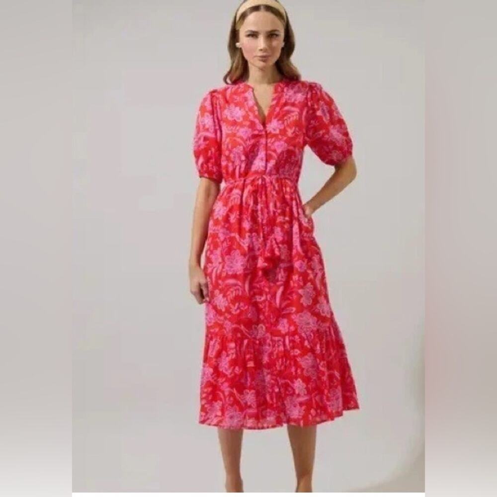 Saks Fifth Avenue Tiered Floral Maxi Dress Elastic Waist Tassel Pink Red - Picture 1 of 4